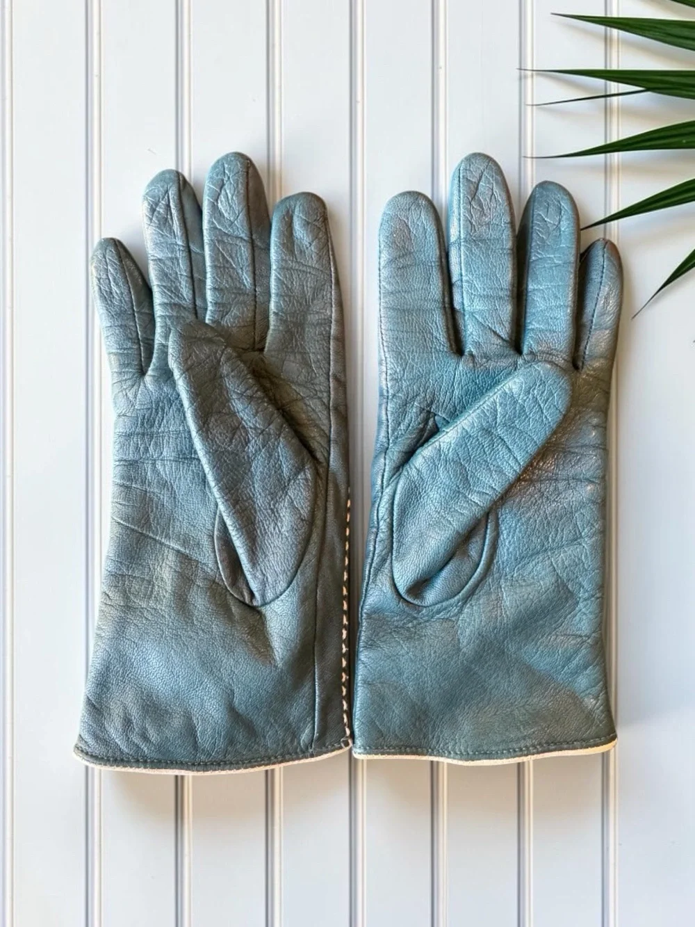 Merona Teal Blue Faux Leather Gloves White Contrast Stitching S/M
